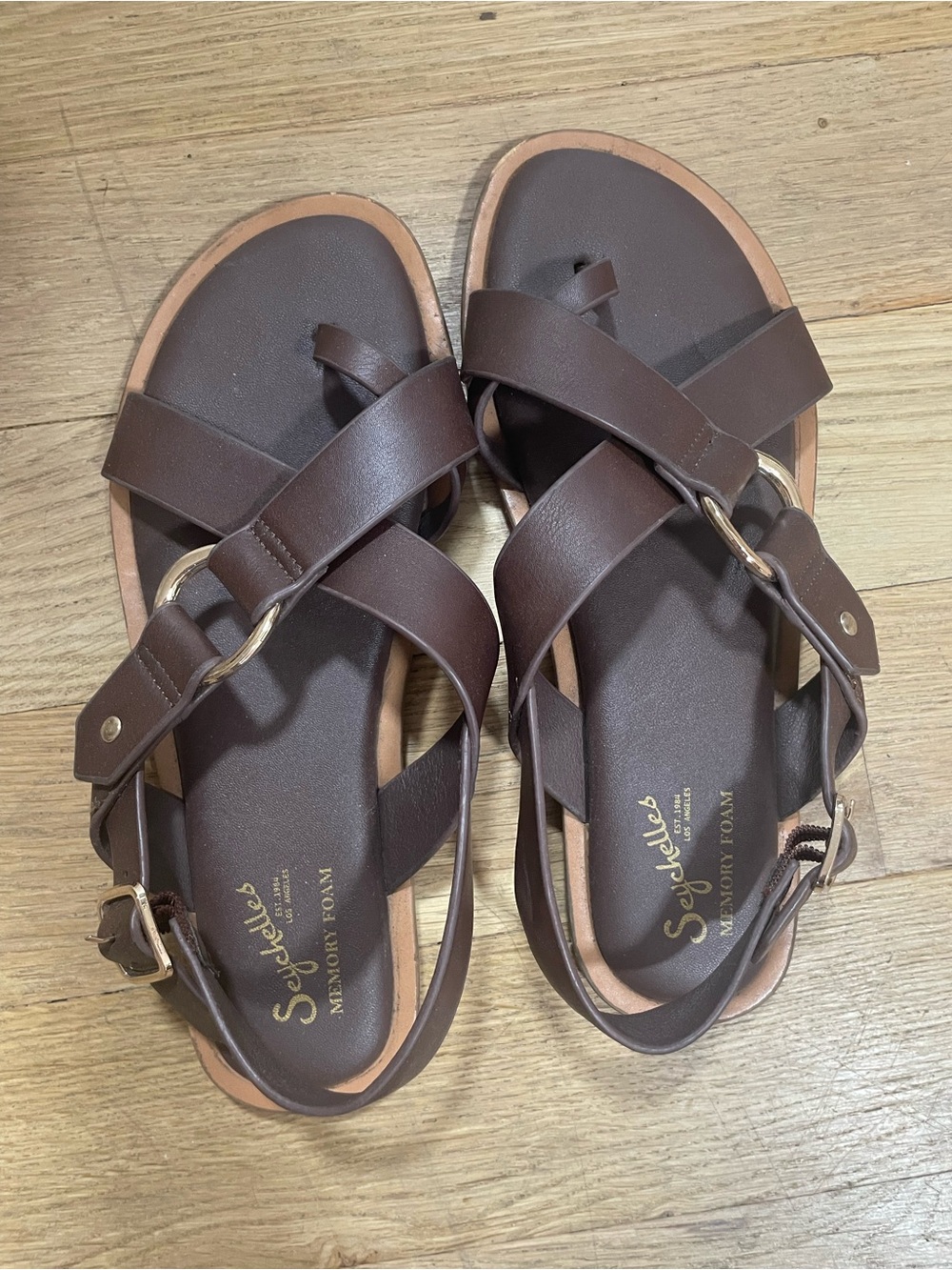 Seychelles Dark Brown Leather Cross-Strap Sandals with Gold Chain Accent